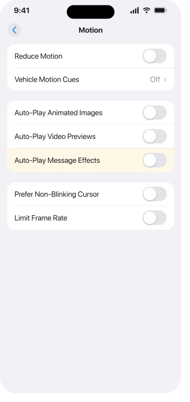The Motion screen in iOS 26 Settings, Accessibility, showing the six toggles and the Vehicle Motion Cues row, with Auto-Play Message Effects switched off