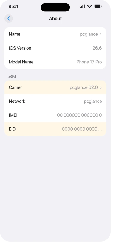 The About screen in iOS 26 Settings scrolled to the eSIM section, showing the Carrier row with its version number and the EID below it