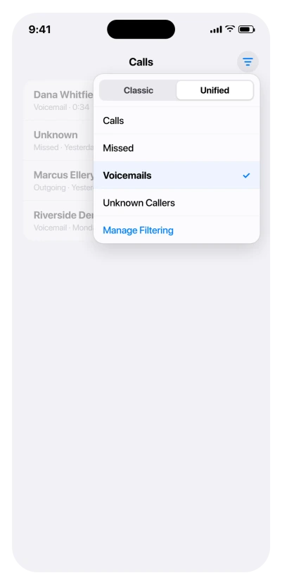 The Filter menu open in the iOS 26 Phone app, with Classic and Unified at the top and Voicemails selected below Calls and Missed