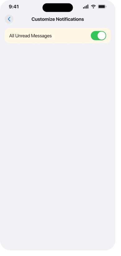 The Customize Notifications screen for Mail in iOS 26 Settings, with All Unread Messages switched on so the Home Screen badge counts every category instead of Primary only