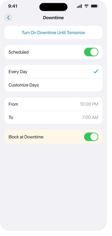 The Downtime screen in iOS 26 Screen Time with Block at Downtime switched on, the only blocking control Apple documents on its iPhone Screen Time pages