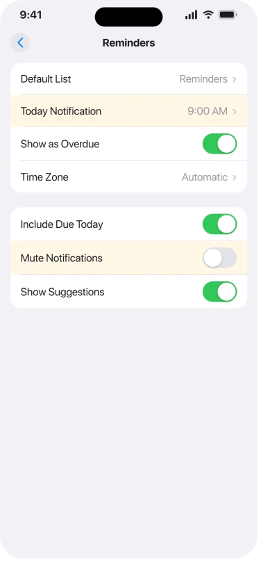The Reminders settings screen in iOS 26, showing Today Notification, Default List, Mute Notifications and Include Due Today