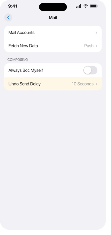 The Mail settings screen in iOS 26 showing Undo Send Delay and Mail Accounts