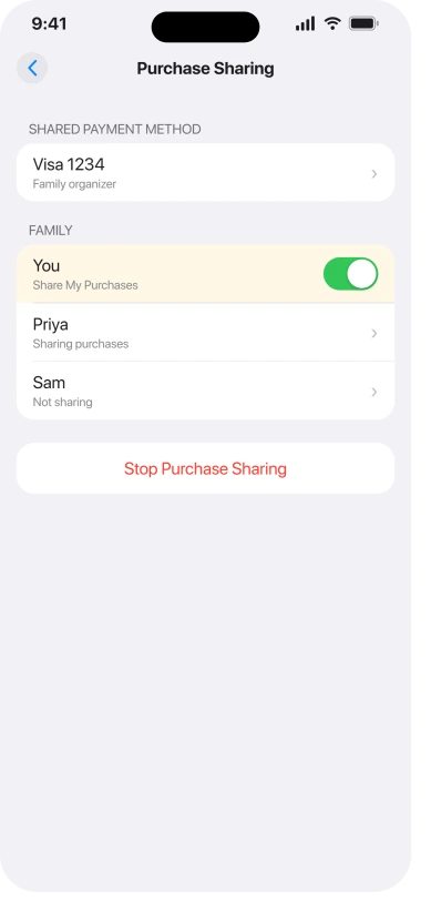 The Purchase Sharing screen in iOS 26 Settings, Family, with Share My Purchases turned on under the member's own name