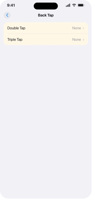 The Back Tap screen in iOS 26 Accessibility Touch settings, with Double Tap and Triple Tap both set to None