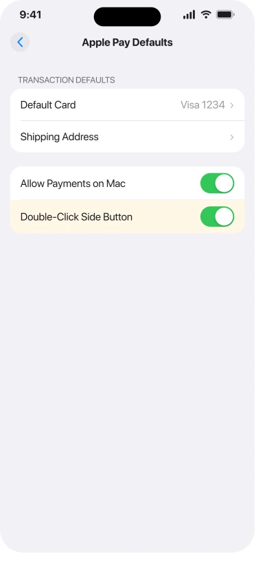 The Apple Pay Defaults screen in iOS 26 with Double-Click Side Button switched on