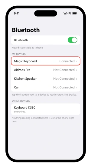 The iOS 26 Bluetooth screen showing a Magic Keyboard listed as Connected among other paired accessories