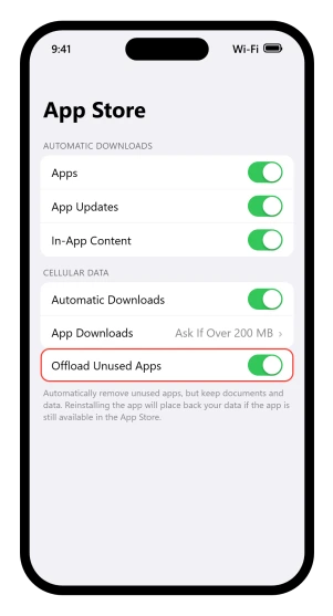 The iOS 26 App Store settings screen with Offload Unused Apps turned on