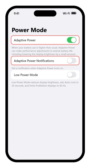 The iOS 26 Power Mode screen with Adaptive Power switched on and its notification option underneath