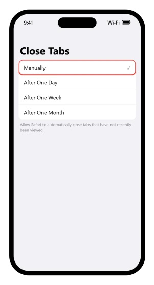 The iOS 26 Close Tabs screen with Manually, After One Day, After One Week and After One Month, and Manually selected