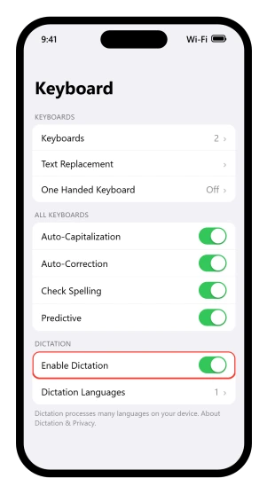 The iOS 26 Keyboard settings screen with Enable Dictation switched on