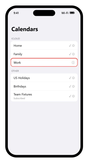 The iOS 26 Calendars list with one calendar unticked and its events hidden