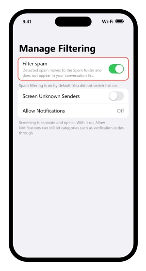 The Manage Filtering screen with Filter spam on and Screen Unknown Senders off