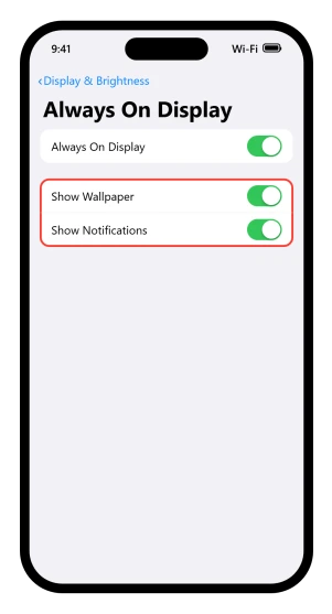 The iOS 26 Always On Display screen with Show Wallpaper and Show Notifications switched on