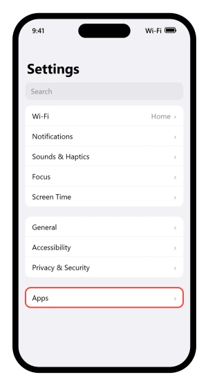 The iOS 26 Settings root with the system rows in place and the Apps row underneath them