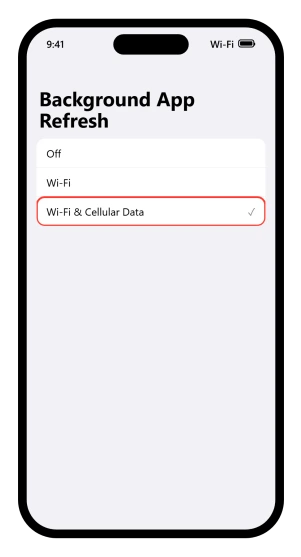 The second Background App Refresh screen in iOS 26, showing Off, Wi-Fi, and Wi-Fi and Cellular Data