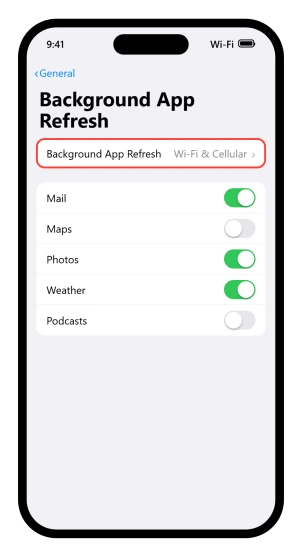 The first Background App Refresh screen in iOS 26, the row that opens the options with the per-app list under it