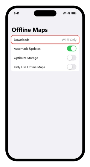 The Offline Maps screen inside the Maps app, with Downloads set to Wi-Fi Only