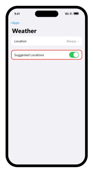 The iOS 26 Settings, Apps, Weather screen with Suggested Locations switched on