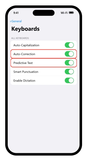 The iOS 26 Keyboards screen with Auto-Correction and Predictive Text on it