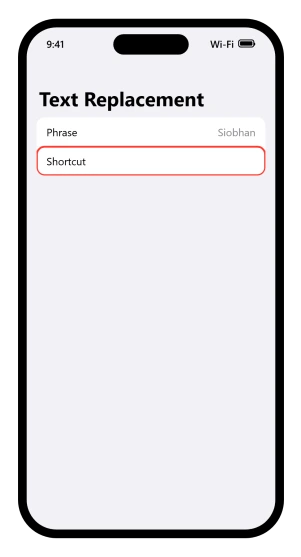 The Text Replacement add screen with a word typed into Phrase and the Shortcut field left empty