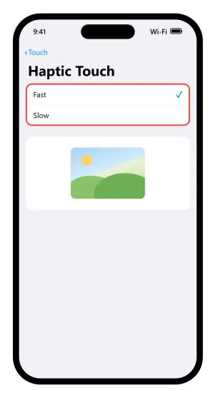 The iOS 26 Haptic Touch screen showing the two touch duration options Apple documents, with the test image under them
