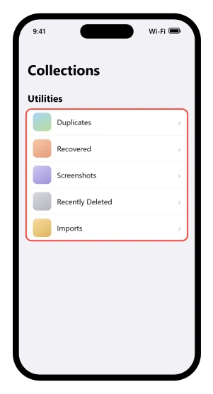 The iOS 26 Photos Collections screen with the Utilities list open and Duplicates in it