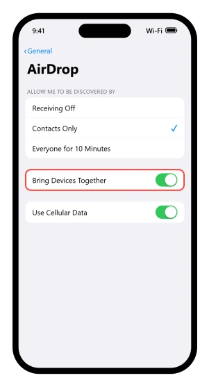 The iOS 26 Settings, General, AirDrop screen, with Bring Devices Together switched on under the discovery options