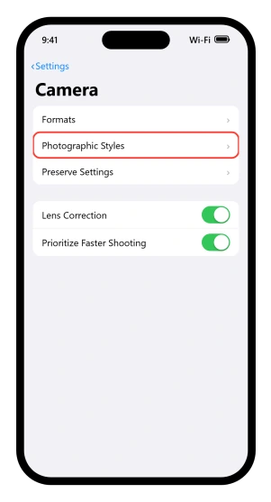 The iOS 26 Settings, Camera screen with the Photographic Styles row highlighted