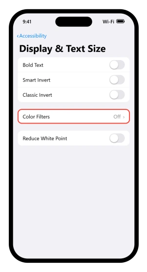 The iOS 26 Accessibility, Display and Text Size screen with Color Filters and Reduce White Point on it