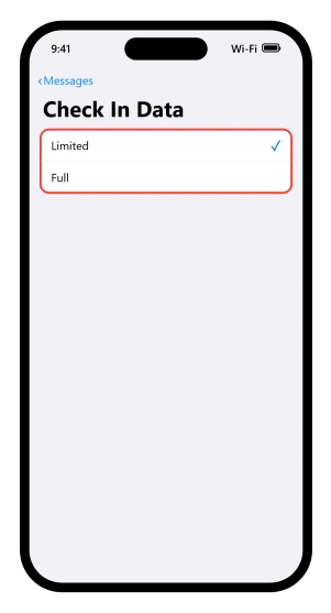 The iOS 26 Check In Data screen with the Limited and Full options