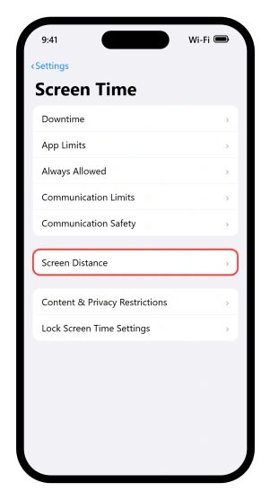 The iOS 26 Screen Time screen with the Screen Distance row on it