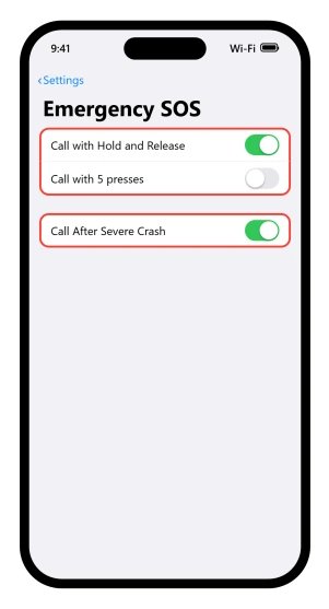 The iOS 26 Settings, Emergency SOS screen with both call triggers and Call After Severe Crash