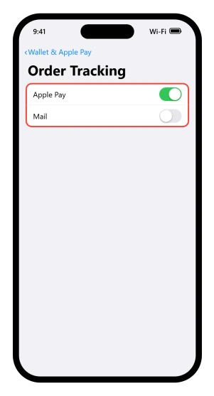 The iOS 26 Order Tracking screen with the Apple Pay and Mail switches on it