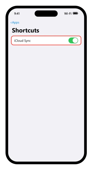 The iOS 26 Settings, Shortcuts screen with iCloud Sync on it