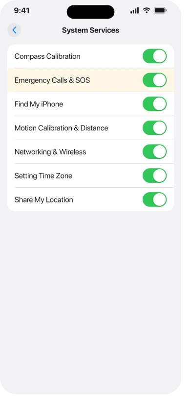 Settings, Privacy and Security, Location Services, System Services, showing the Emergency Calls and SOS switch