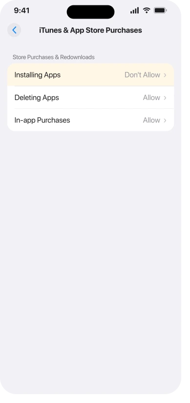 Settings, Screen Time, Content and Privacy Restrictions, iTunes and App Store Purchases, with Installing Apps set to Don't Allow