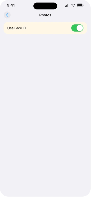 Settings, Apps, Photos, showing the Use Face ID switch that locks the Recently Deleted and Hidden collections
