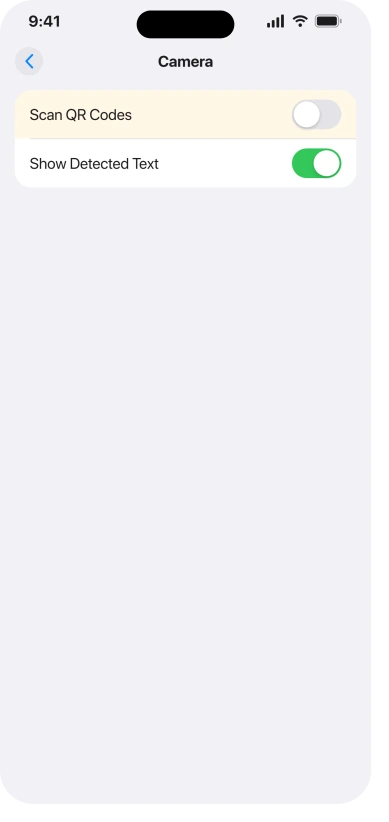 Settings, Camera, with the Scan QR Codes switch above Show Detected Text