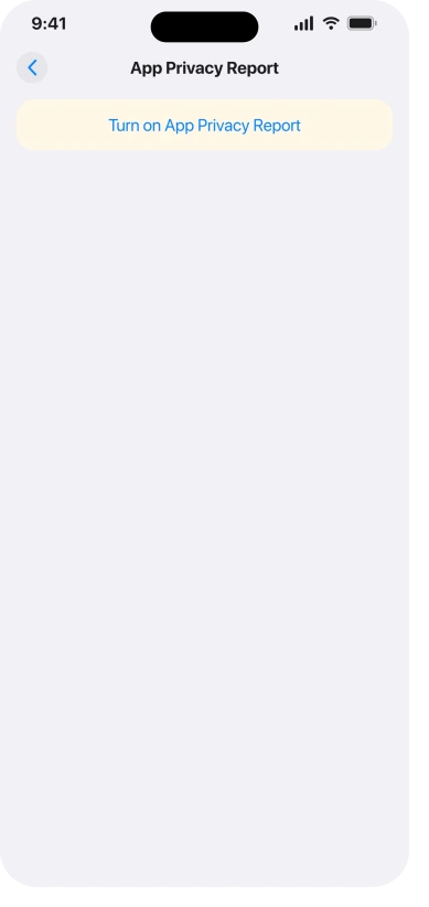 Settings, Privacy and Security, showing App Privacy Report before it has been switched on