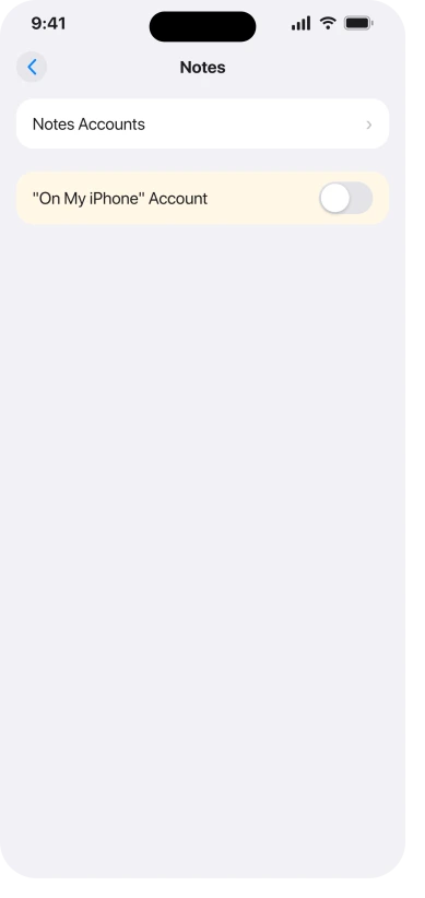 The Notes settings screen in iOS 26 with the On My iPhone account switched off