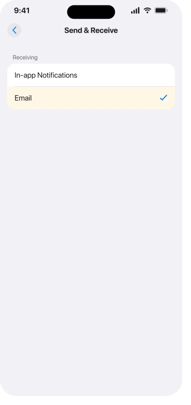 The iCloud Calendar Send and Receive screen with Receiving set to Email instead of In-app Notifications