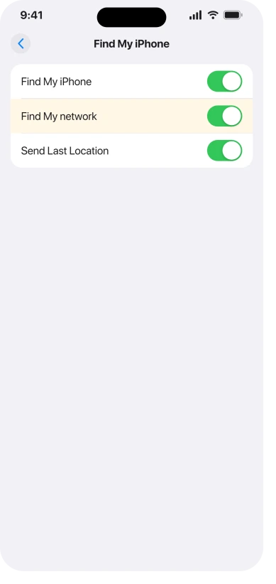 Settings, your name, Find My, Find My iPhone, with the Find My network switch picked out of the three