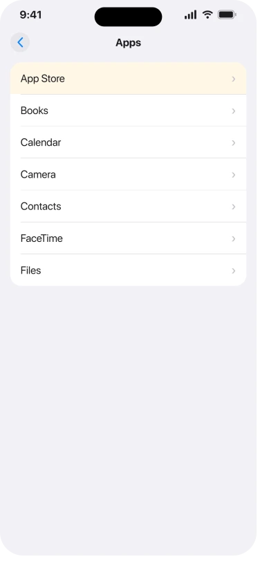 Settings, Apps, with the App Store row picked out, the first of the two taps that replaced the old one