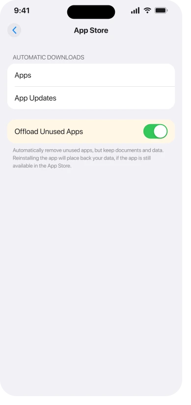 Settings, Apps, App Store, with Offload Unused Apps switched on, which is the state you want and the screen it now lives on