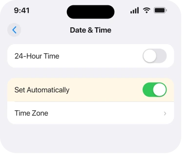 The Date and Time screen with the automatic switch turned on, which is the state Apple treats as correct