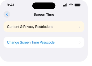 The Screen Time screen holding both controls Apple sends you to, the restrictions section and the passcode