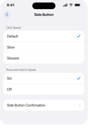 Settings, Accessibility, Side Button, showing Click Speed set to Default