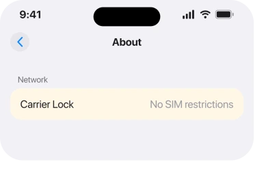 The Carrier Lock row on the About screen, reading No SIM restrictions