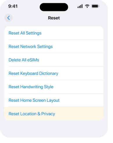The Reset screen, where Reset Location and Privacy sits at the end of the list